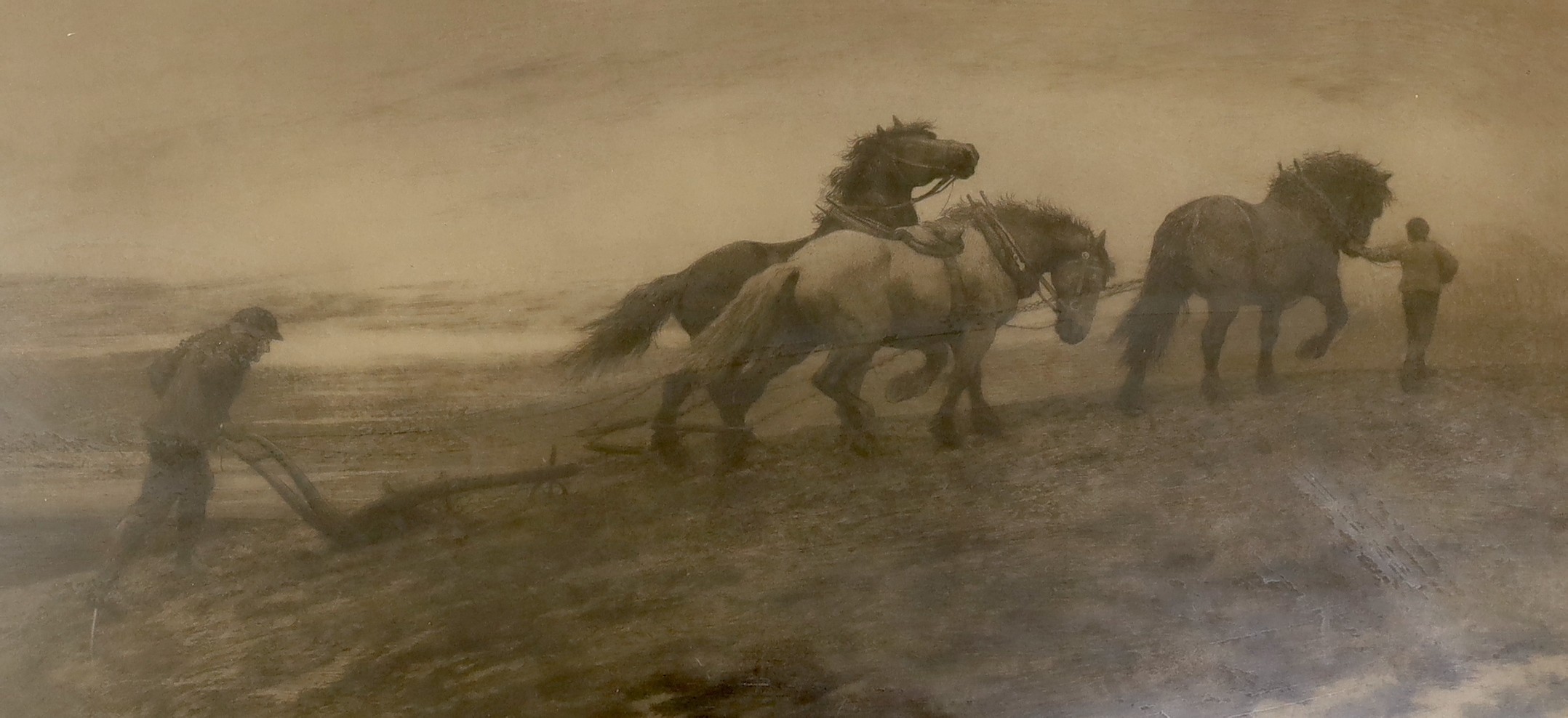 Herbert Thomas Dicksee (1862-1942), pair of photolithographs, 'The Last Furrow' and 'Against the wind and open sky', sheet overall 29 x 59cm